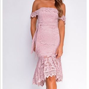 Mauve Pink Off Shoulder Lace Midi Dress - NEW S